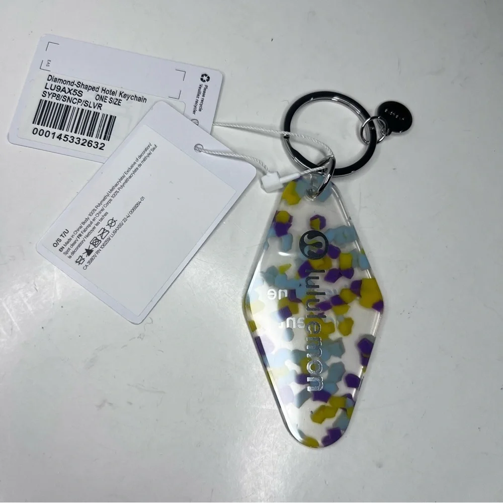 Lululemon Clear Purple Blue Yellow Diamond-Shaped Hotel Keychain New